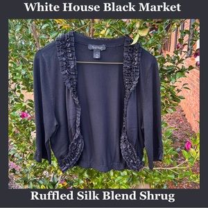 WHBM EUC Silk Blend Dressy Black Ruffled Shrug Sweater Size M 3/4 Sleeves